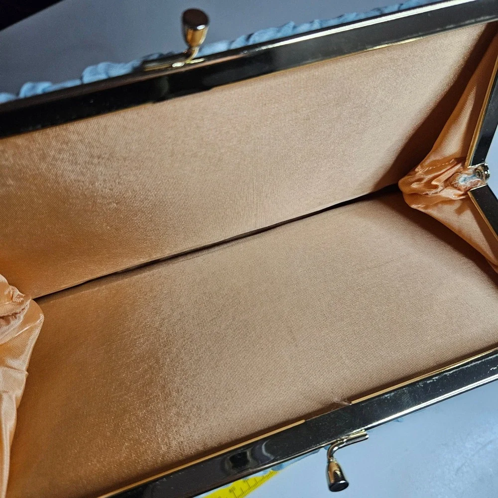 Vintage HL USA Light Blue Chiffon Ruched Clutch Evening Bag Gold Tone Kiss Lock